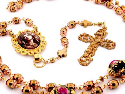 Virgin Mary hematite unique rosary beads gemstone rosary beads with floral beads and antique style filigree crucifix.