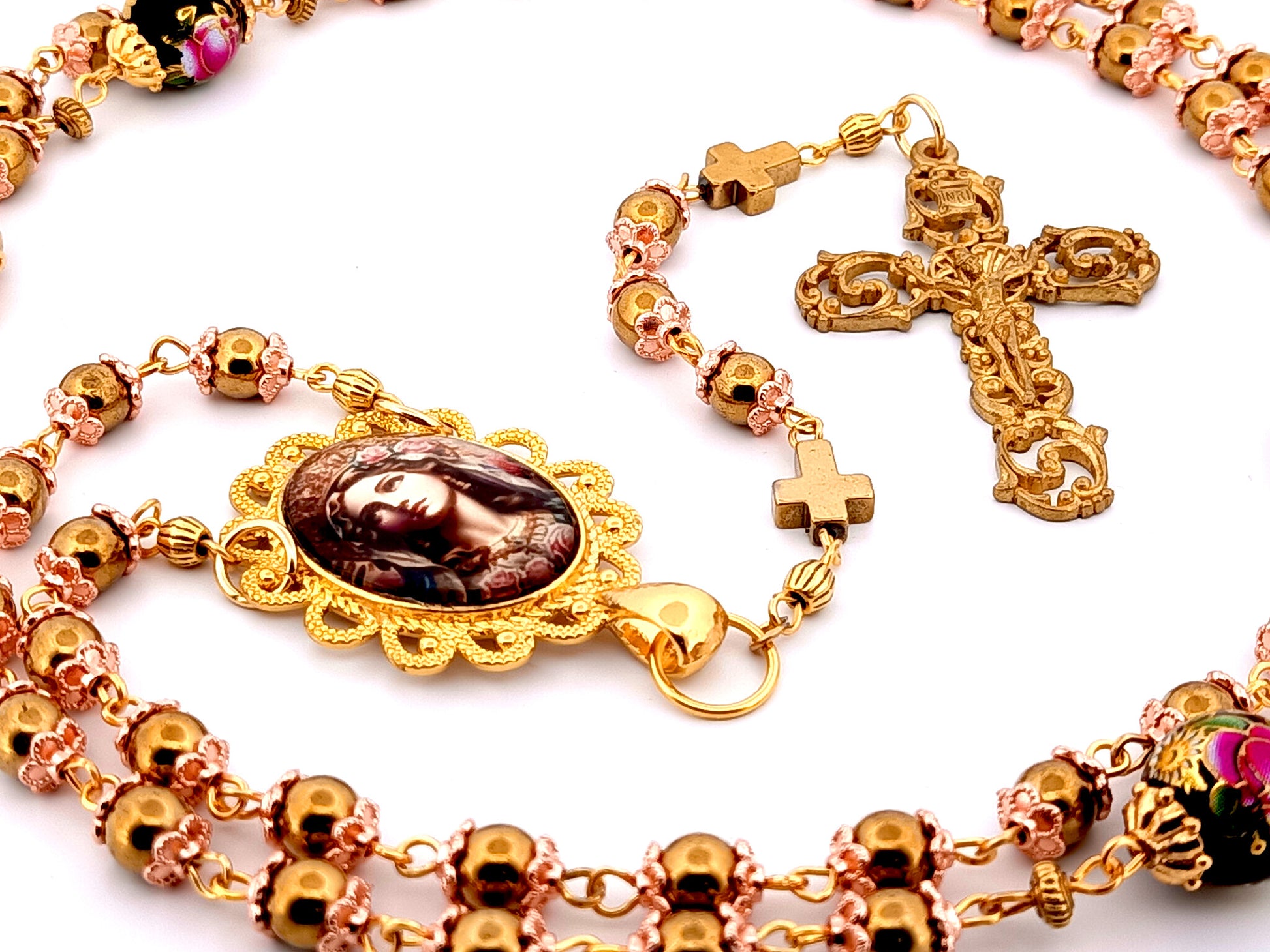 Virgin Mary hematite unique rosary beads gemstone rosary beads with floral beads and antique style filigree crucifix.