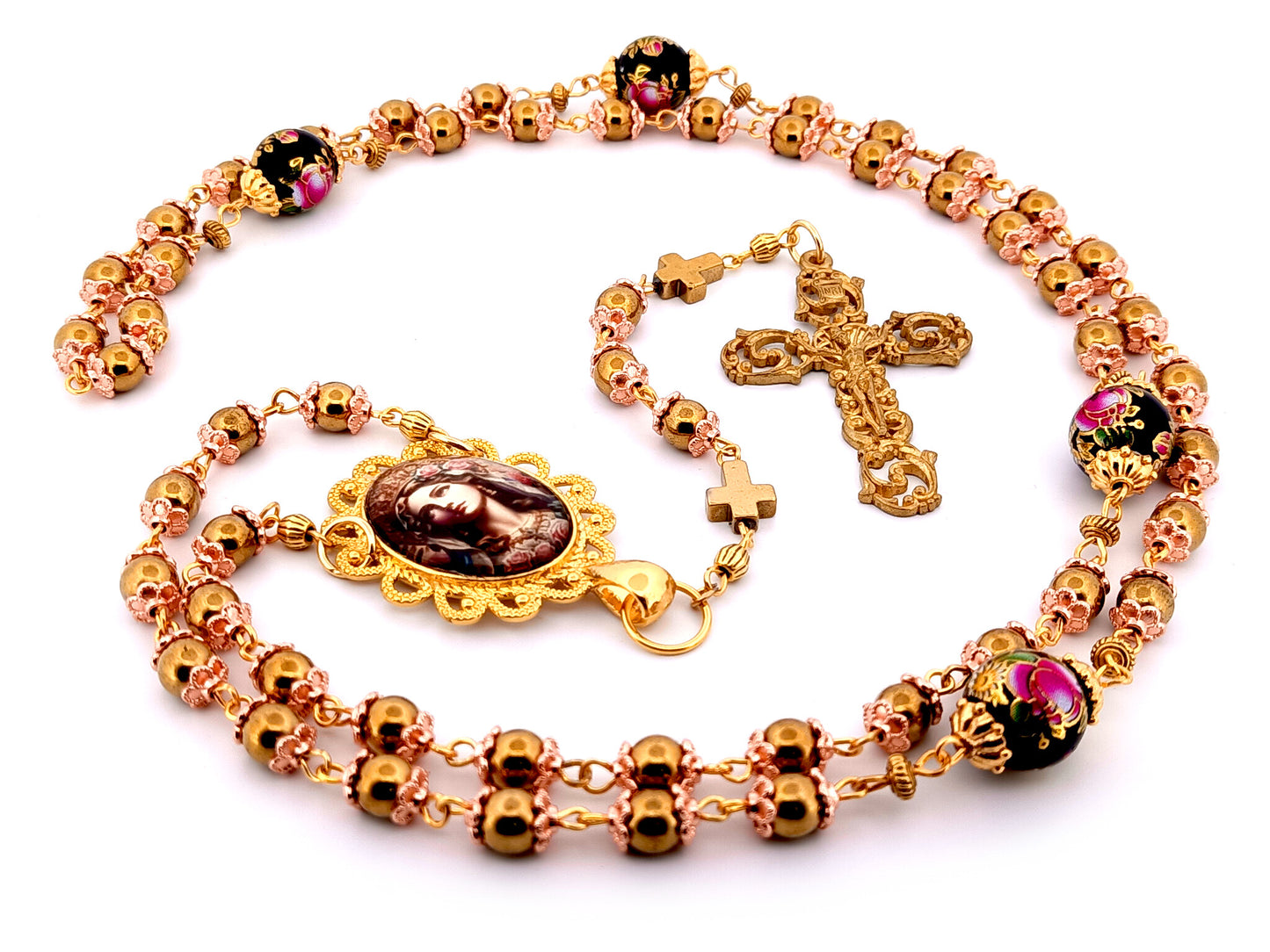 Virgin Mary hematite unique rosary beads gemstone rosary beads with floral beads and antique style filigree crucifix.