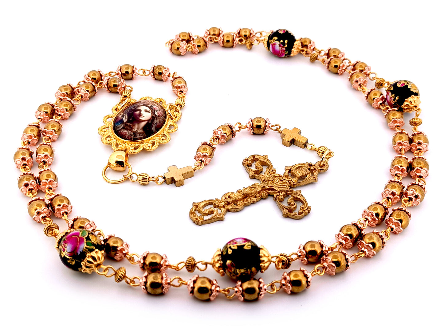 Virgin Mary hematite unique rosary beads gemstone rosary beads with floral beads and antique style filigree crucifix.