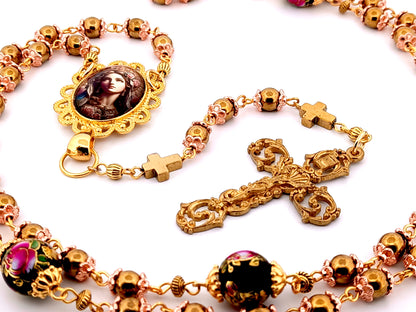 Virgin Mary hematite unique rosary beads gemstone rosary beads with floral beads and antique style filigree crucifix.