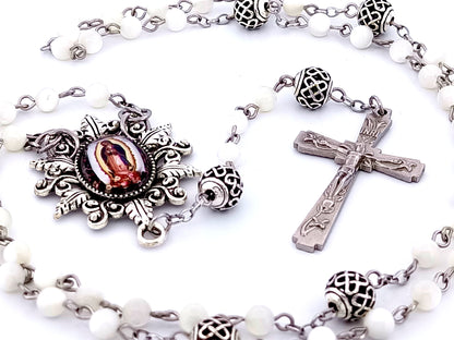 Our Lady of Guadalupe unique rosary beads mother of pearl rosary beads with lattice Our Father beads and Lily crucifix.