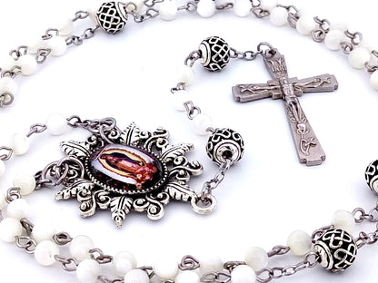 Our Lady of Guadalupe unique rosary beads mother of pearl rosary beads with lattice Our Father beads and Lily crucifix.