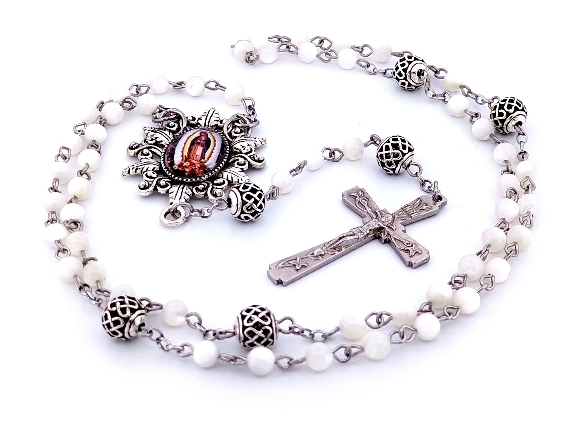 Our Lady of Guadalupe unique rosary beads mother of pearl rosary beads with lattice Our Father beads and Lily crucifix.