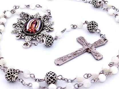 Our Lady of Guadalupe unique rosary beads mother of pearl rosary beads with lattice Our Father beads and Lily crucifix.