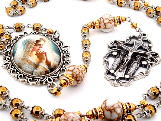 Bride of Christ unique rosary beads hematite gemstone rosary beads with marbled gemstone beads and Angels crucifix.