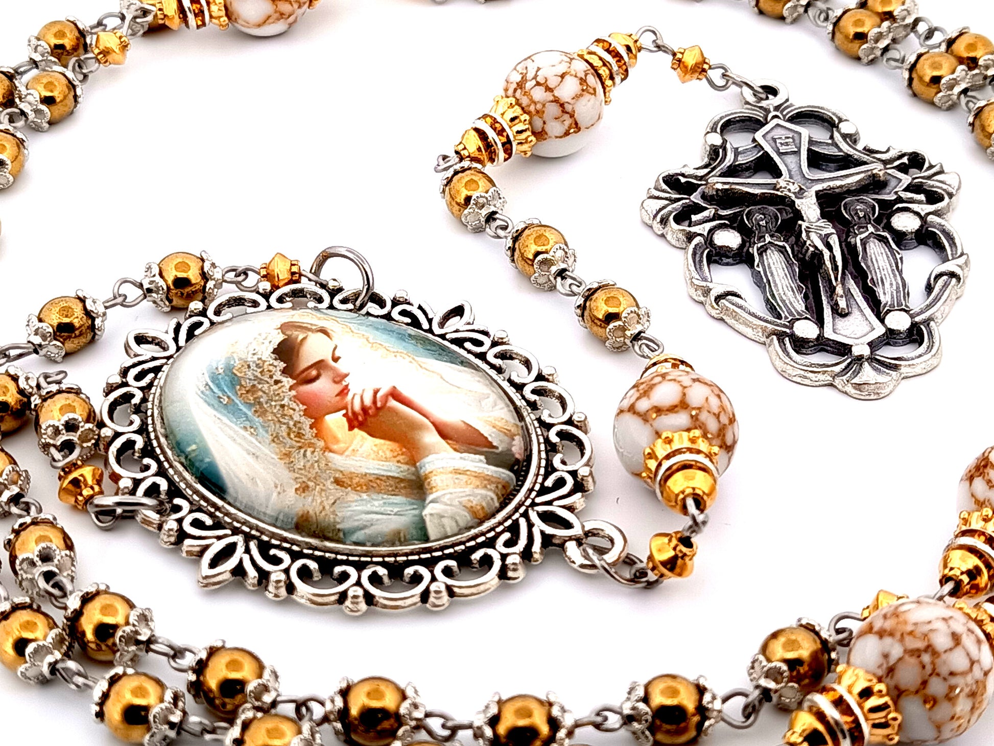 Bride of Christ unique rosary beads hematite gemstone rosary beads with marbled gemstone beads and Angels crucifix.