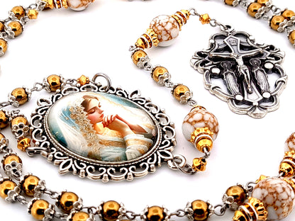 Bride of Christ unique rosary beads hematite gemstone rosary beads with marbled gemstone beads and Angels crucifix.