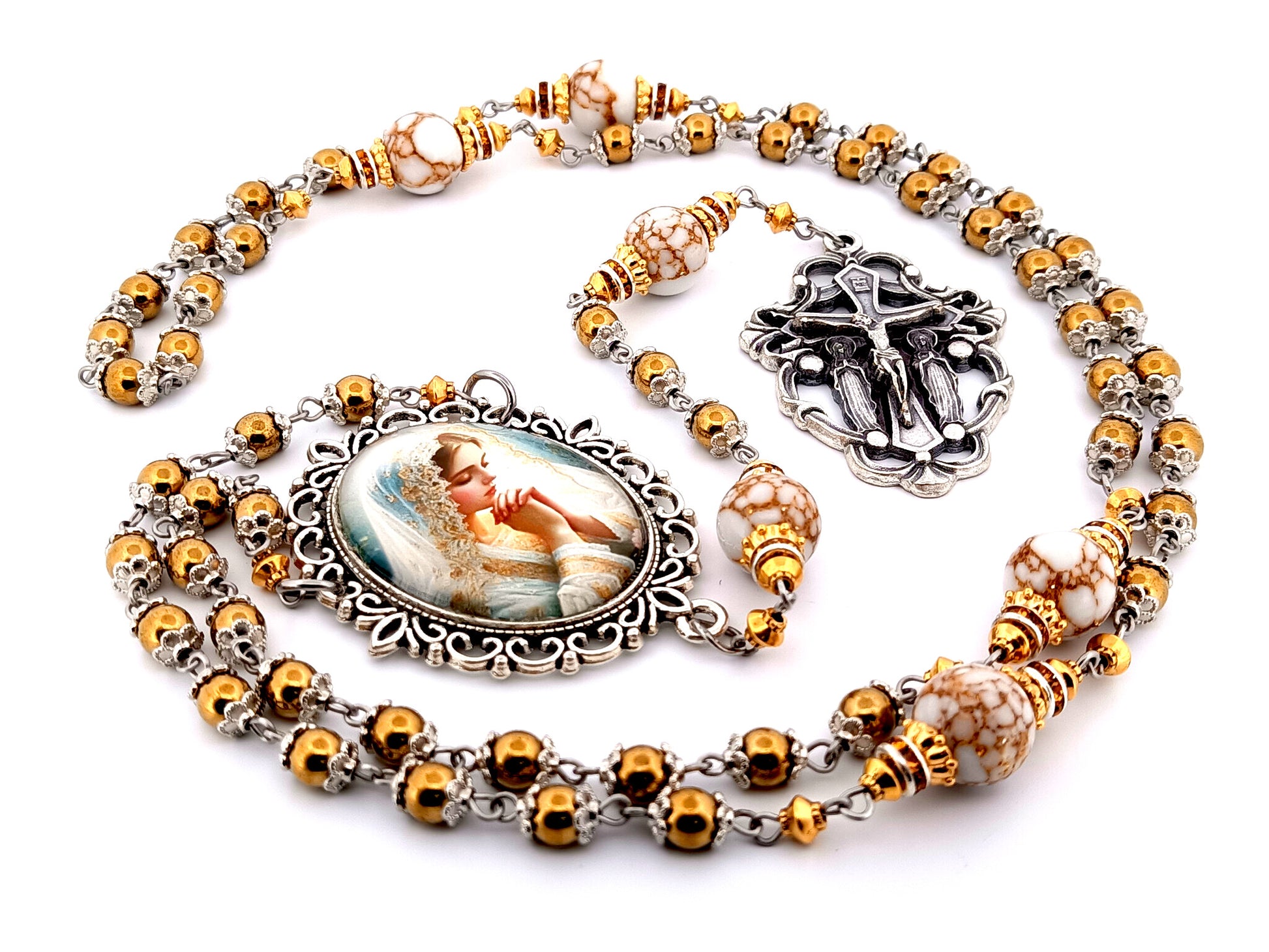 Bride of Christ unique rosary beads hematite gemstone rosary beads with marbled gemstone beads and Angels crucifix.