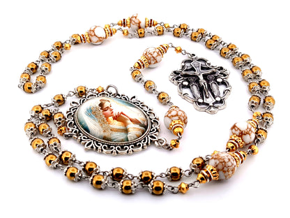 Bride of Christ unique rosary beads hematite gemstone rosary beads with marbled gemstone beads and Angels crucifix.