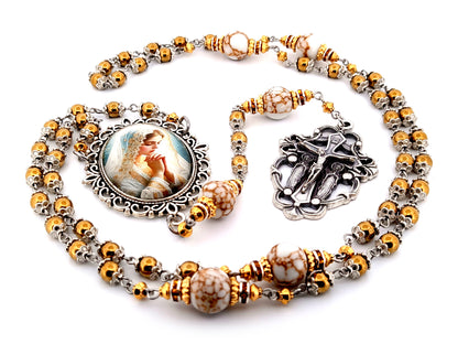 Bride of Christ unique rosary beads hematite gemstone rosary beads with marbled gemstone beads and Angels crucifix.