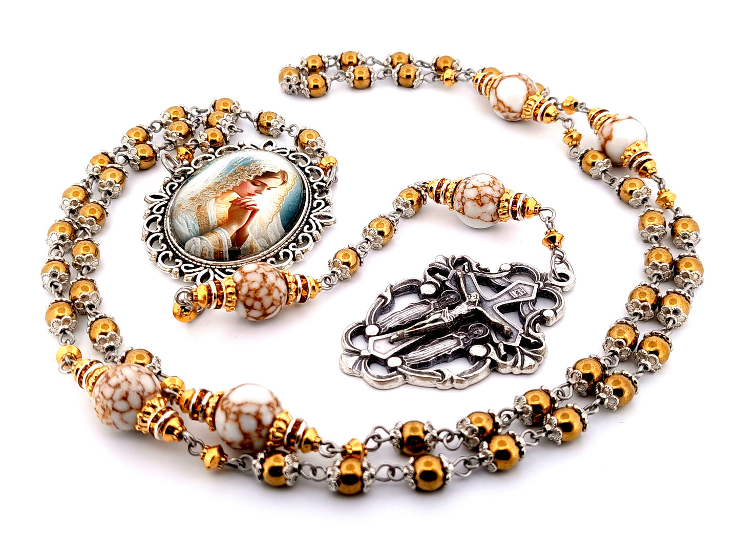 Bride of Christ unique rosary beads hematite gemstone rosary beads with marbled gemstone beads and Angels crucifix.