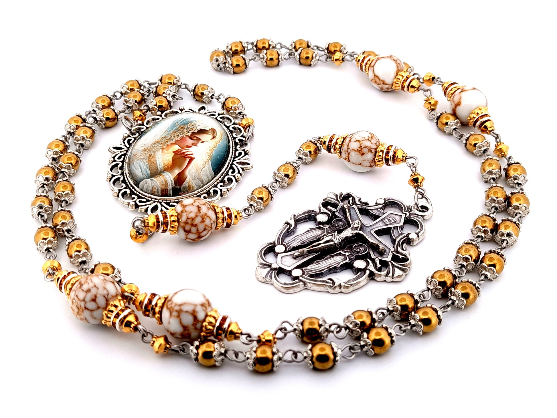 Bride of Christ unique rosary beads hematite gemstone rosary beads with marbled gemstone beads and Angels crucifix.