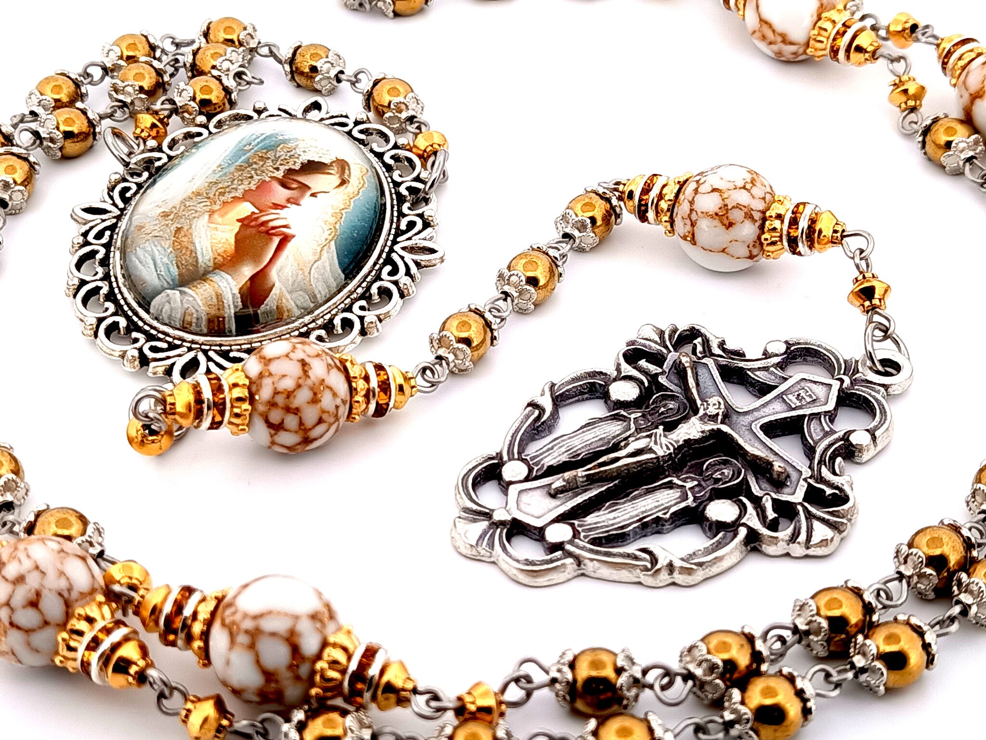 Bride of Christ unique rosary beads hematite gemstone rosary beads with marbled gemstone beads and Angels crucifix.