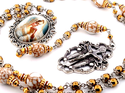 Bride of Christ unique rosary beads hematite gemstone rosary beads with marbled gemstone beads and Angels crucifix.