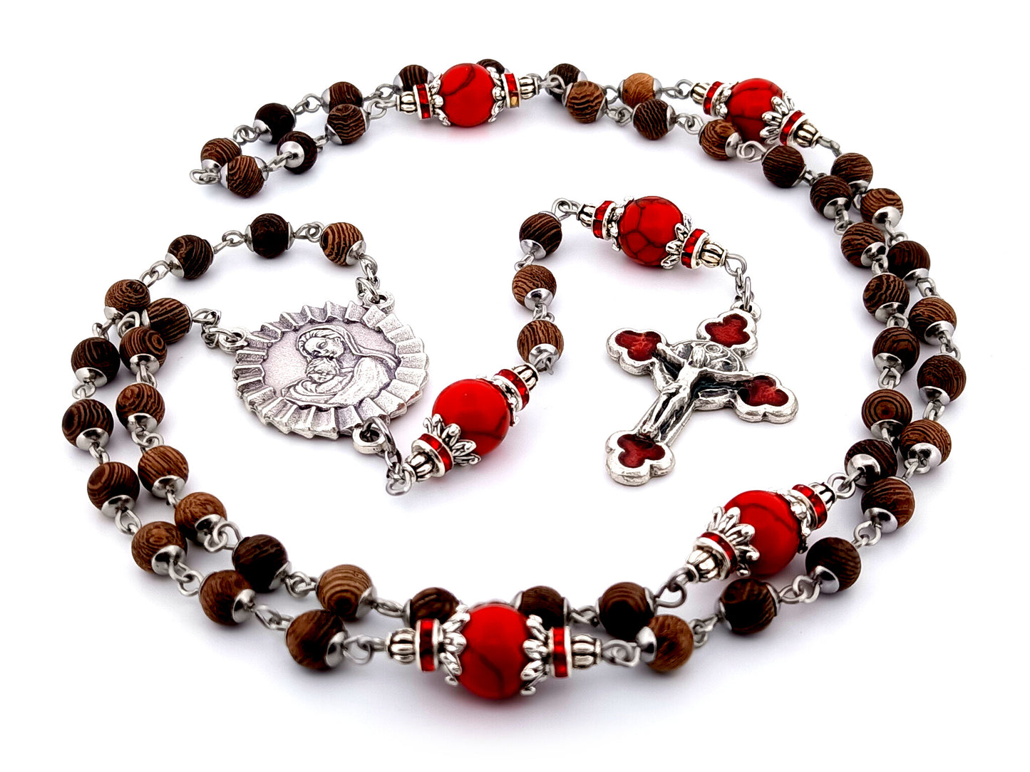 Virgin Mary and Child Jesus unique rosary beads olive wood and gemstone rosary beads with rose enamel crucifix.