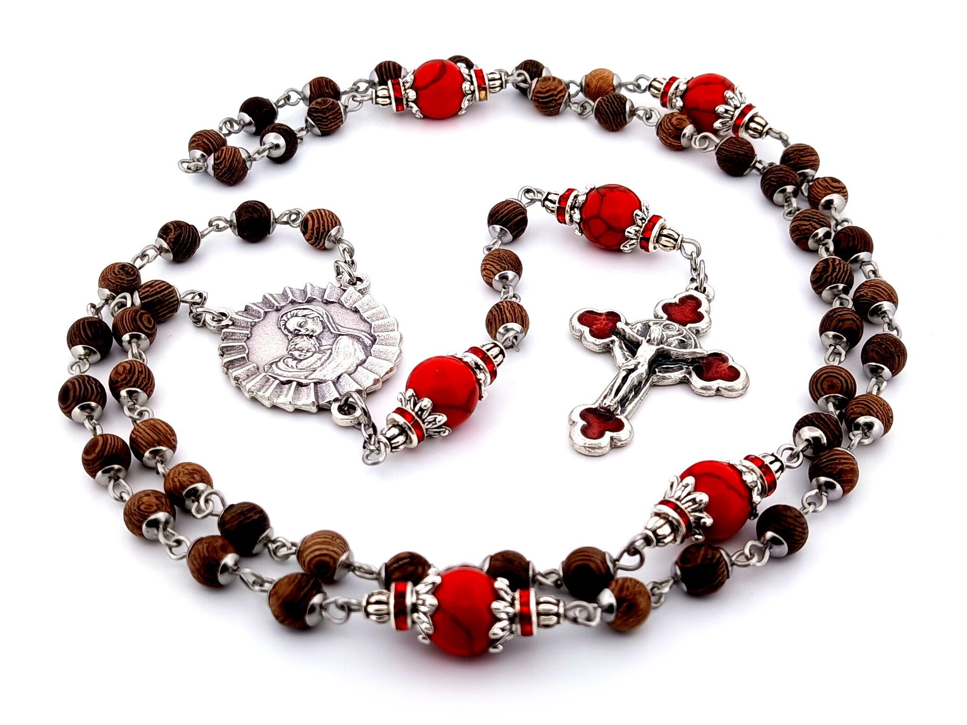 Virgin Mary and Child Jesus unique rosary beads olive wood and gemstone rosary beads with rose enamel crucifix.