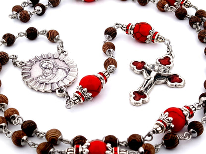 Virgin Mary and Child Jesus unique rosary beads olive wood and gemstone rosary beads with rose enamel crucifix.