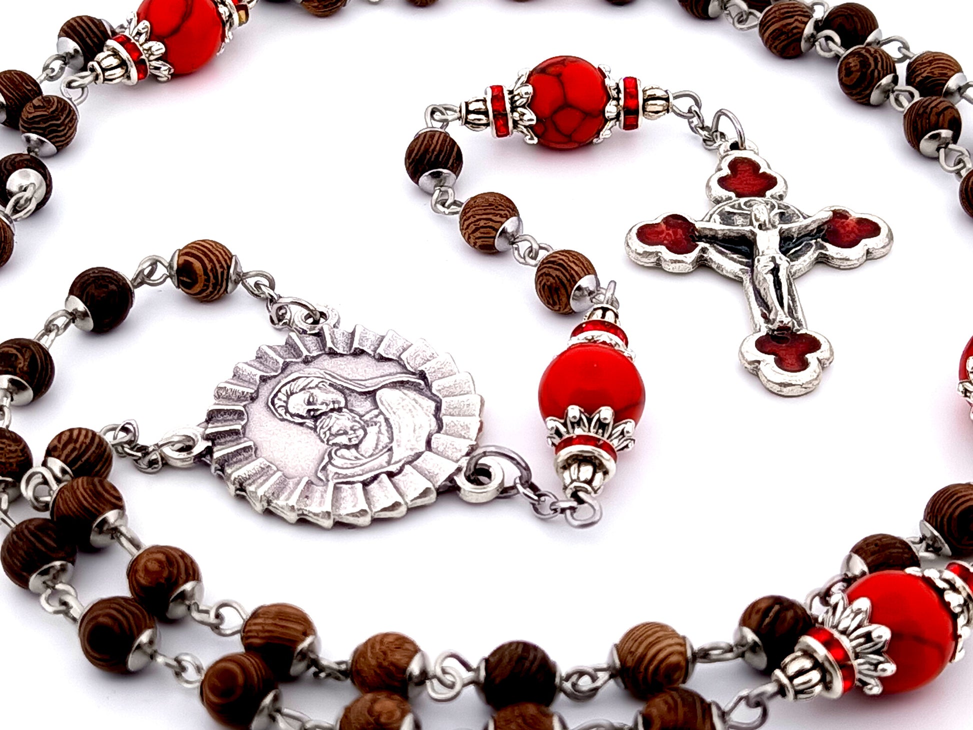 Virgin Mary and Child Jesus unique rosary beads olive wood and gemstone rosary beads with rose enamel crucifix.