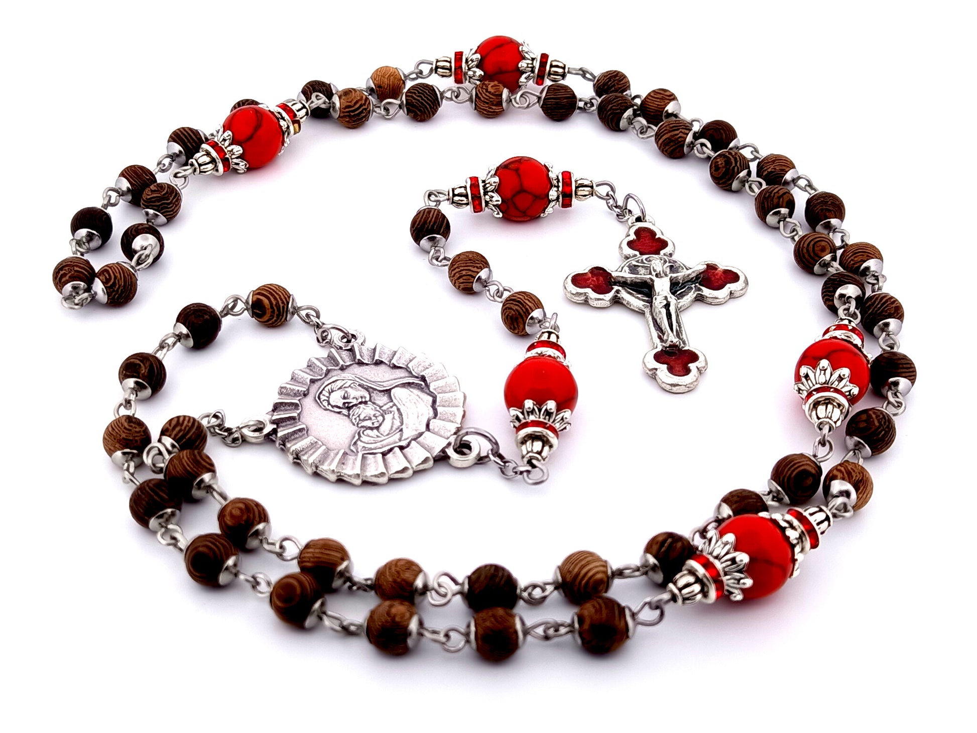 Virgin Mary and Child Jesus unique rosary beads olive wood and gemstone rosary beads with rose enamel crucifix.