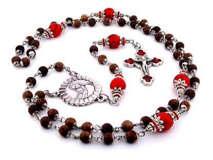 Virgin Mary and Child Jesus unique rosary beads olive wood and gemstone rosary beads with rose enamel crucifix.