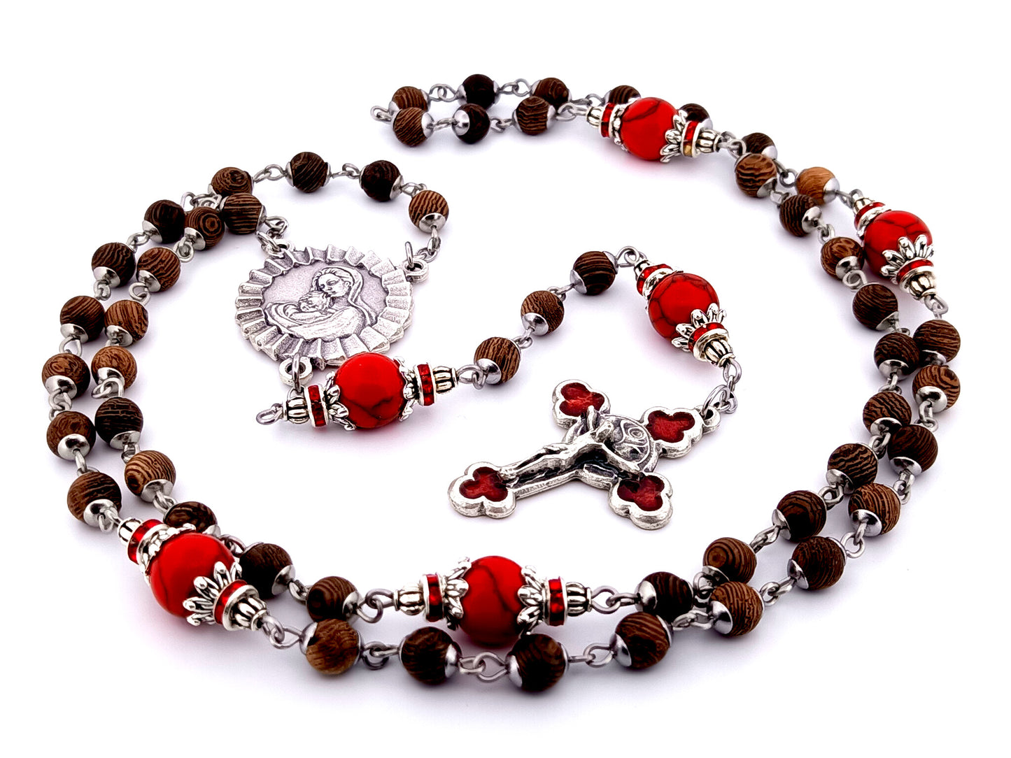 Virgin Mary and Child Jesus unique rosary beads olive wood and gemstone rosary beads with rose enamel crucifix.