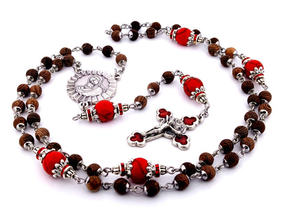 Virgin Mary and Child Jesus unique rosary beads olive wood and gemstone rosary beads with rose enamel crucifix.