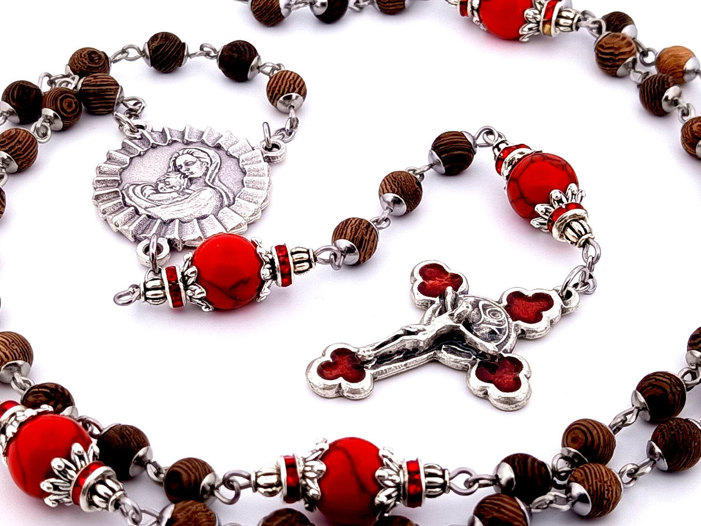 Virgin Mary and Child Jesus unique rosary beads olive wood and gemstone rosary beads with rose enamel crucifix.