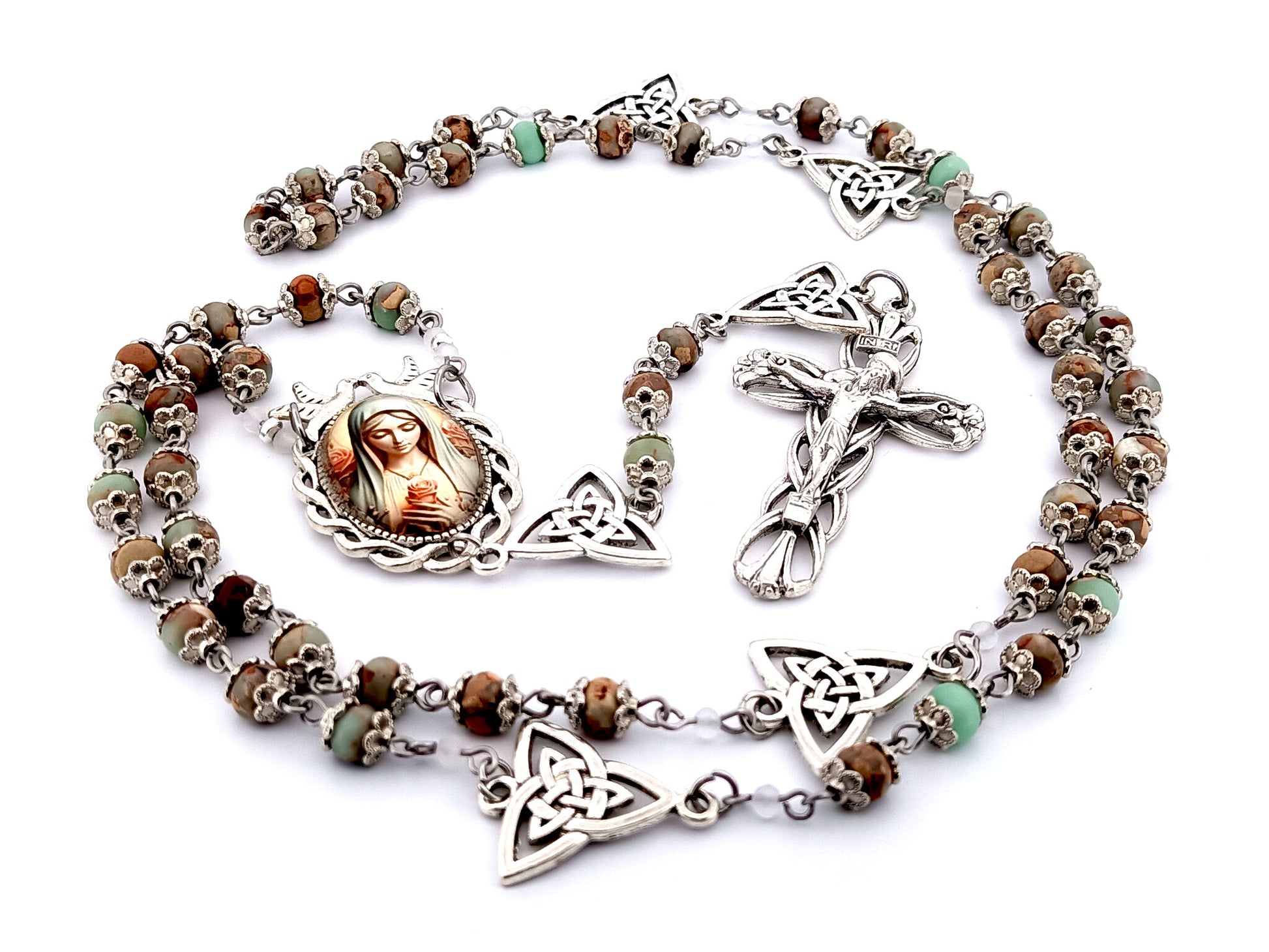 Virgin Mary with roses unique rosary beads gemstone rosary beads with Holy Trinity Our Father medals and Lily Crucifix.