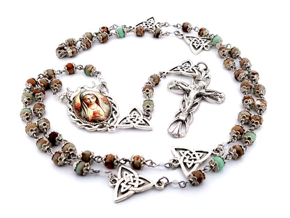 Virgin Mary with roses unique rosary beads gemstone rosary beads with Holy Trinity Our Father medals and Lily Crucifix.