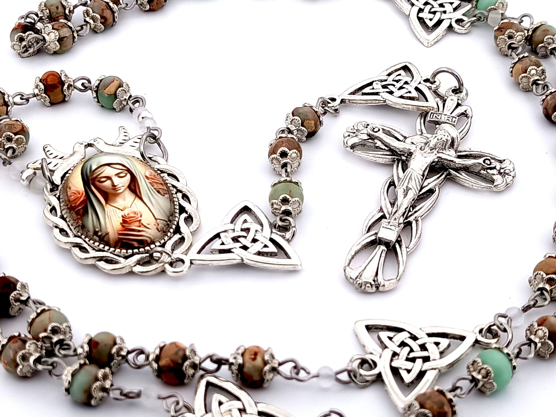 Virgin Mary with roses unique rosary beads gemstone rosary beads with Holy Trinity Our Father medals and Lily Crucifix.