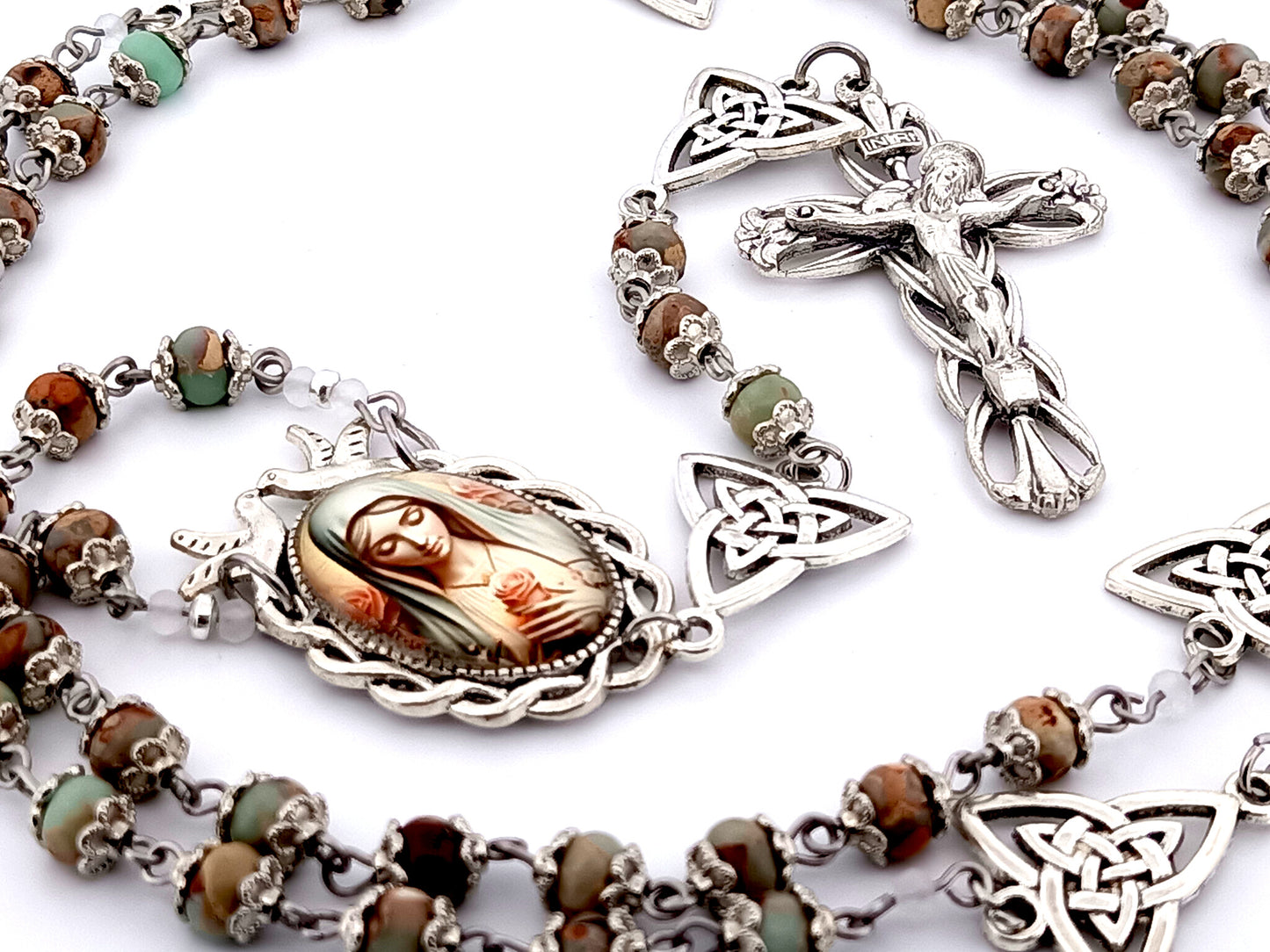 Virgin Mary with roses unique rosary beads gemstone rosary beads with Holy Trinity Our Father medals and Lily Crucifix.