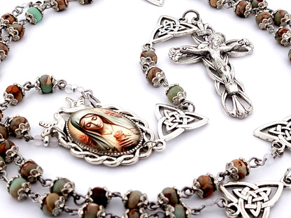 Virgin Mary with roses unique rosary beads gemstone rosary beads with Holy Trinity Our Father medals and Lily Crucifix.