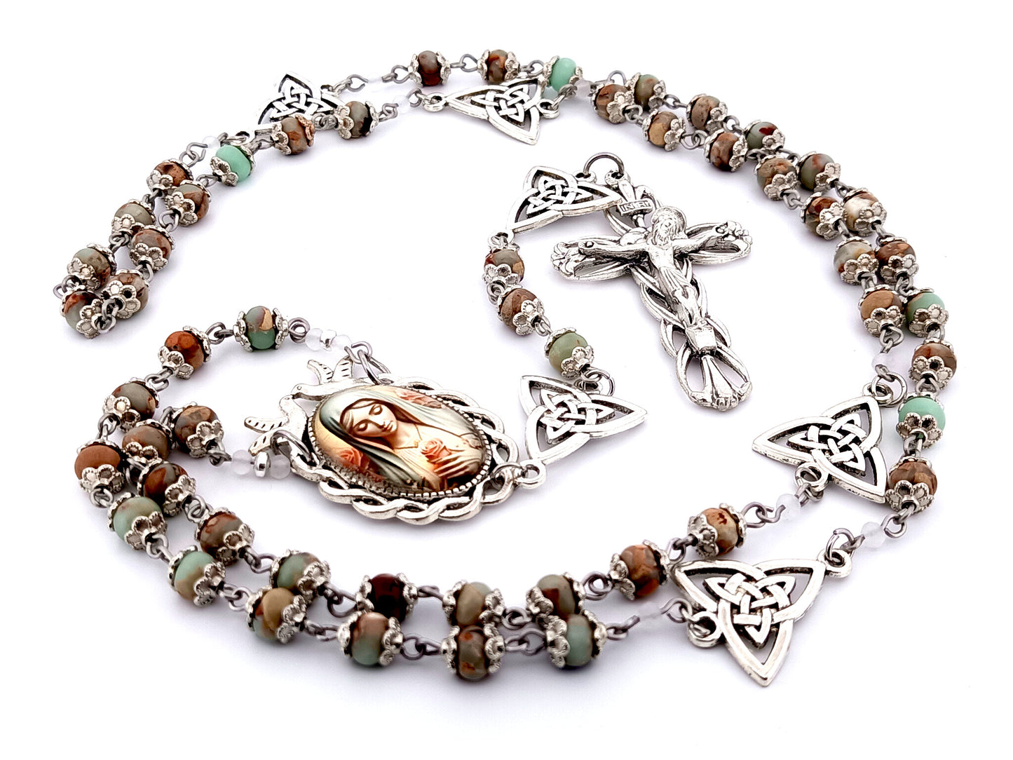 Virgin Mary with roses unique rosary beads gemstone rosary beads with Holy Trinity Our Father medals and Lily Crucifix.