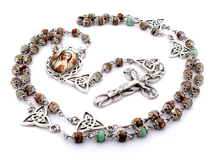 Virgin Mary with roses unique rosary beads gemstone rosary beads with Holy Trinity Our Father medals and Lily Crucifix.