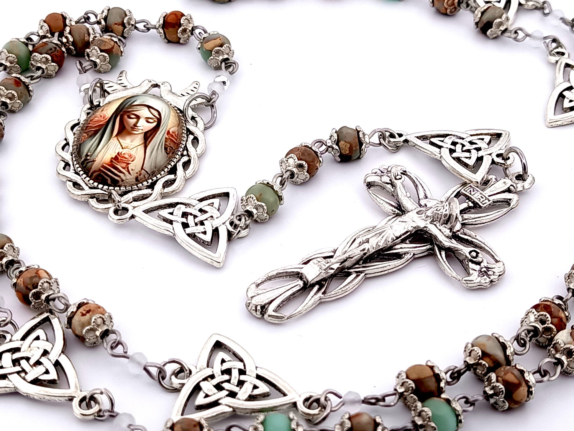 Virgin Mary with roses unique rosary beads gemstone rosary beads with Holy Trinity Our Father medals and Lily Crucifix.