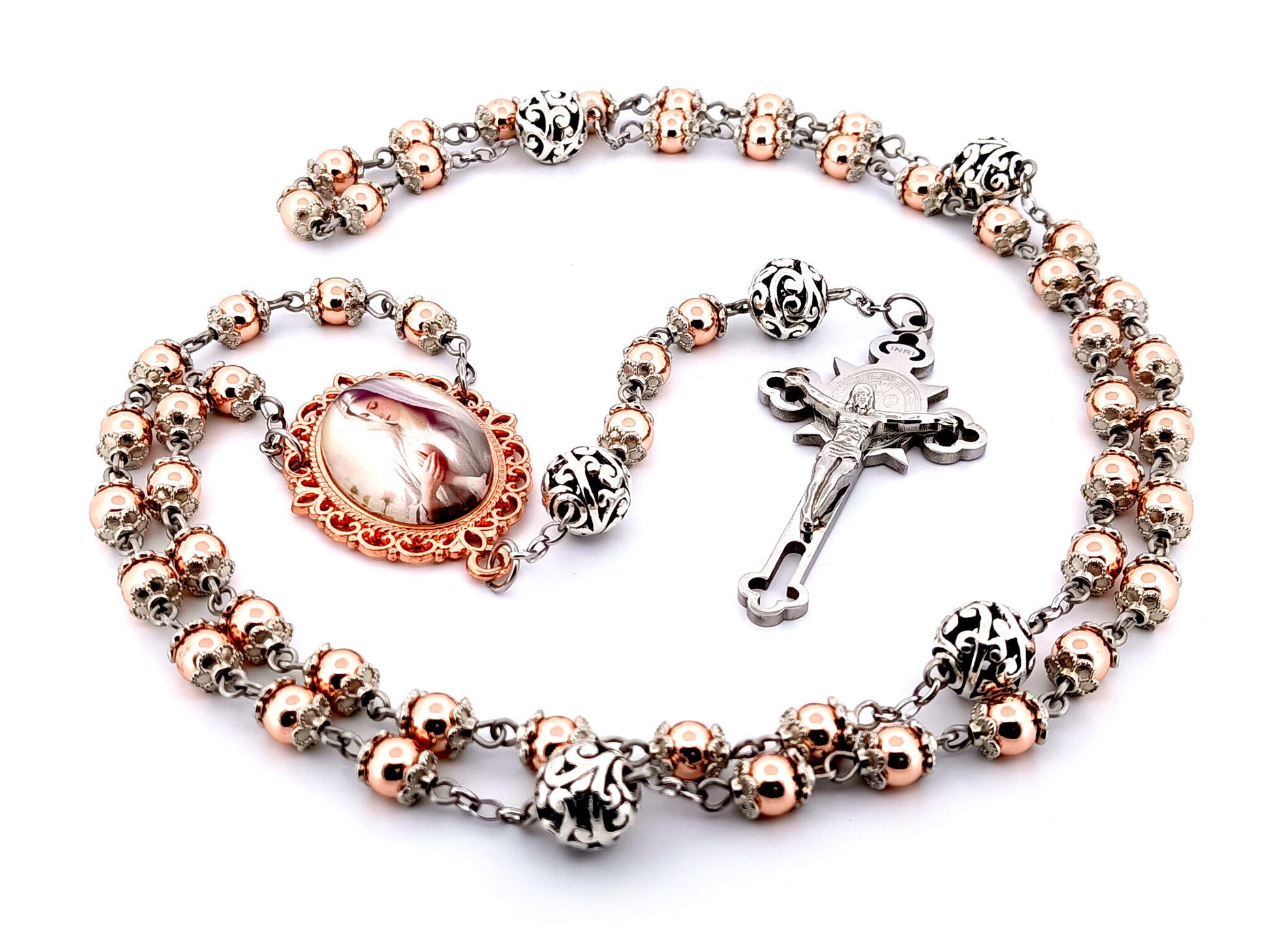 Virgin Mary unique rosary beads rose gold hematite gemstone rosary beads with filigree beads and Saint Benedict crucifix. 