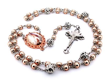 Virgin Mary unique rosary beads rose gold hematite gemstone rosary beads with filigree beads and Saint Benedict crucifix. 