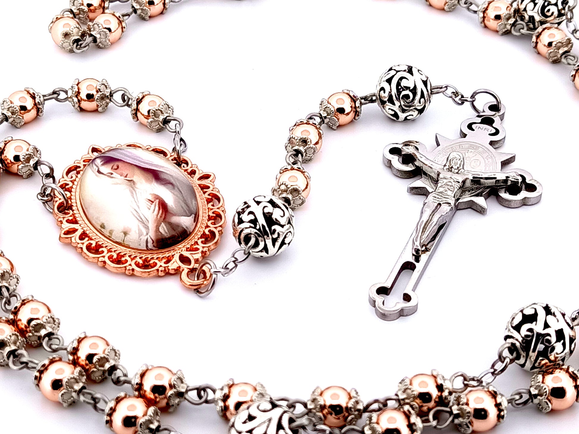 Virgin Mary unique rosary beads rose gold hematite gemstone rosary beads with filigree beads and Saint Benedict crucifix. 