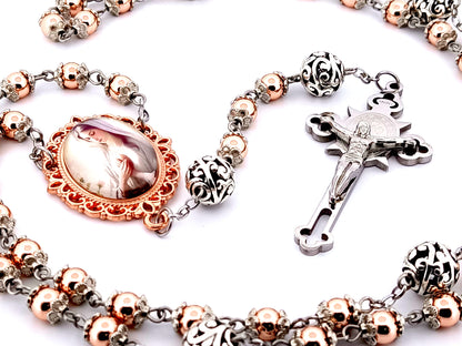 Virgin Mary unique rosary beads rose gold hematite gemstone rosary beads with filigree beads and Saint Benedict crucifix. 