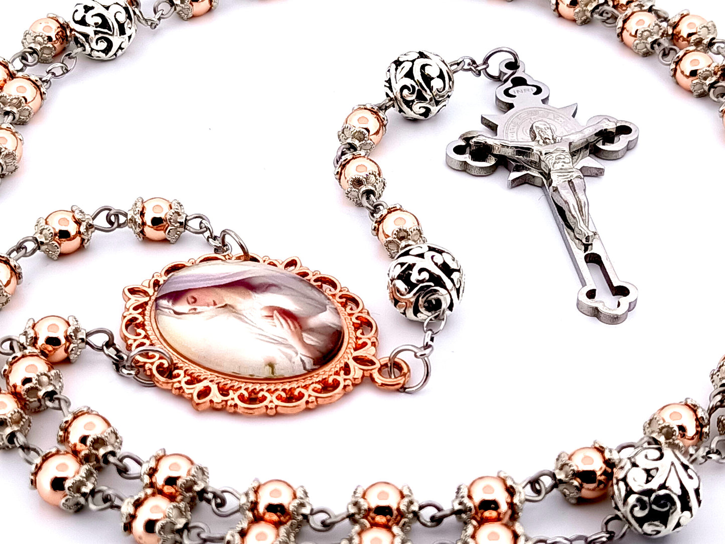 Virgin Mary unique rosary beads rose gold hematite gemstone rosary beads with filigree beads and Saint Benedict crucifix. 