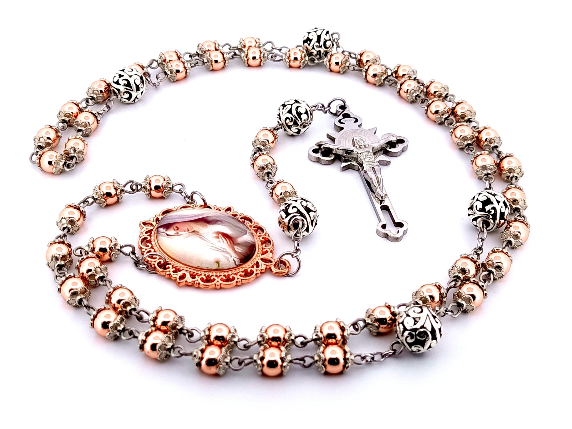 Virgin Mary unique rosary beads rose gold hematite gemstone rosary beads with filigree beads and Saint Benedict crucifix. 