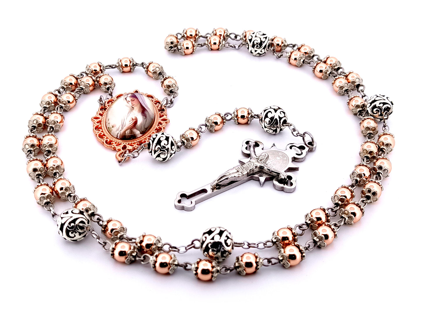 Virgin Mary unique rosary beads rose gold hematite gemstone rosary beads with filigree beads and Saint Benedict crucifix. 