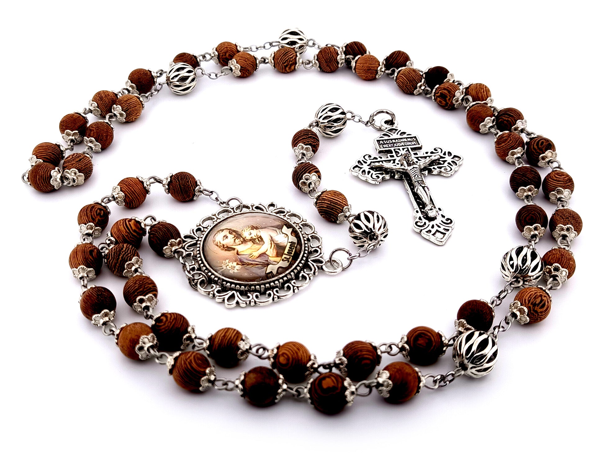 Saint Joseph olive wood unique rosary beads rosary beads with lattice Our Father beads and pardon crucifix.