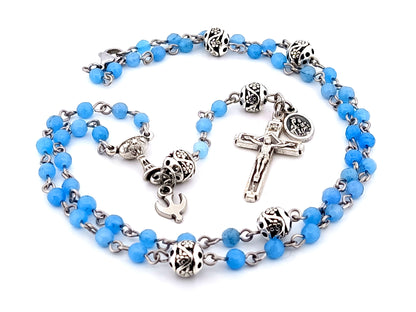 First Holy communion unique rosary beads gemstone wearable miniature rosary bead necklace with Holy Spirit and Brown Scapular medal.