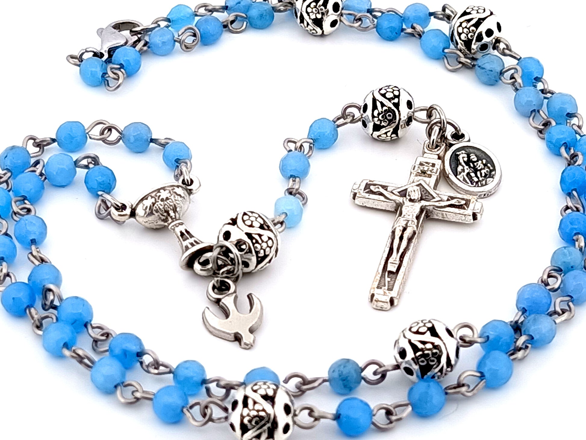 First Holy communion unique rosary beads gemstone wearable miniature rosary bead necklace with Holy Spirit and Brown Scapular medal.