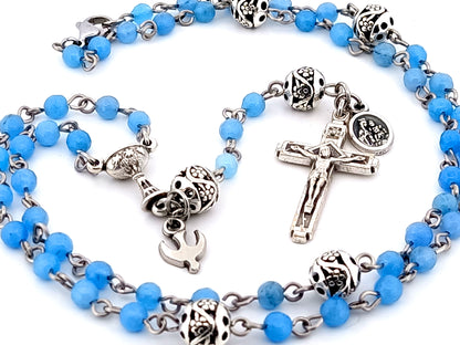 First Holy communion unique rosary beads gemstone wearable miniature rosary bead necklace with Holy Spirit and Brown Scapular medal.