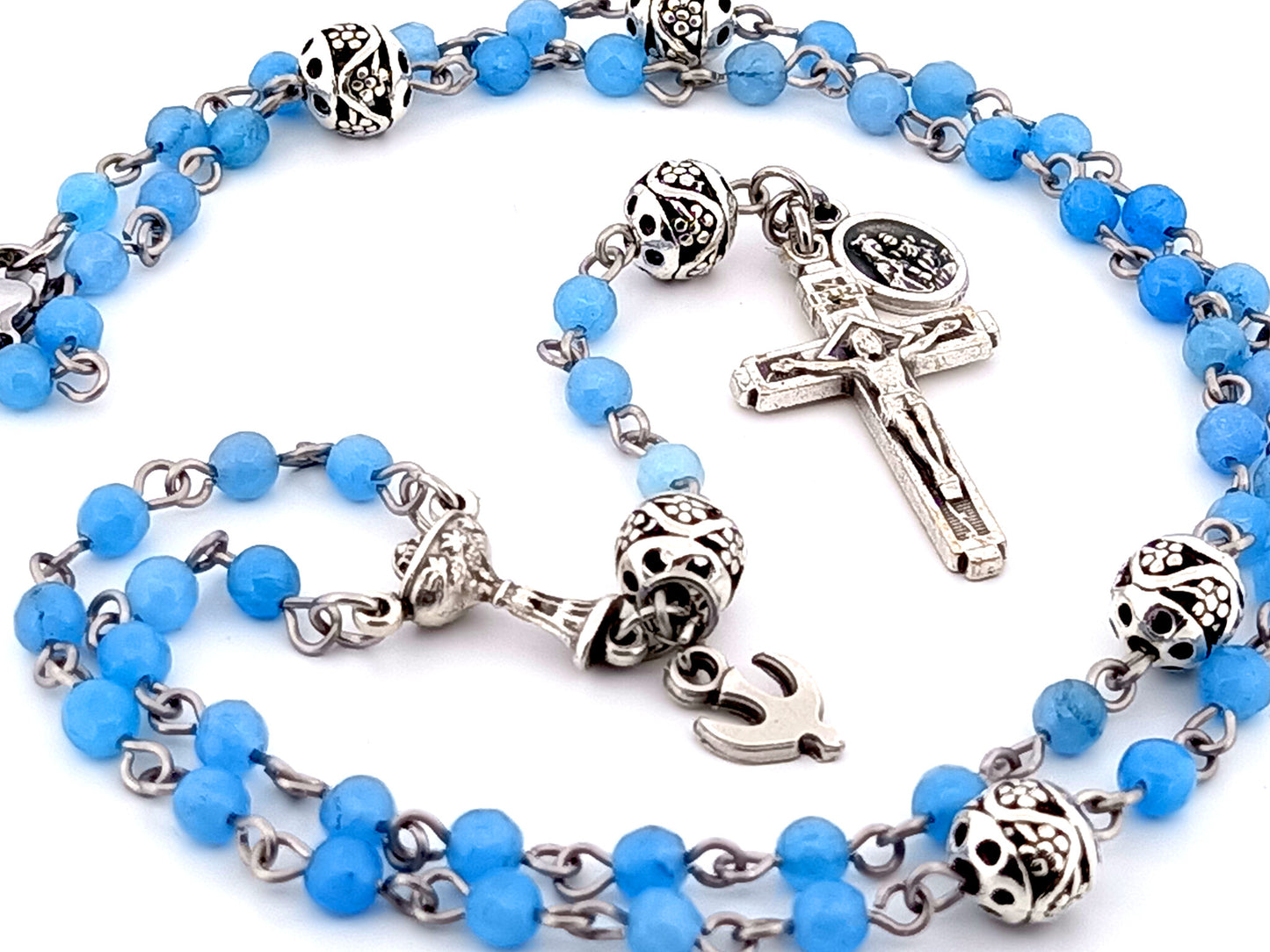 First Holy communion unique rosary beads gemstone wearable miniature rosary bead necklace with Holy Spirit and Brown Scapular medal.