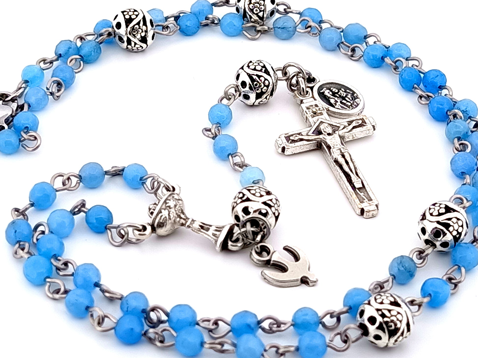 First Holy communion unique rosary beads gemstone wearable miniature rosary bead necklace with Holy Spirit and Brown Scapular medal.