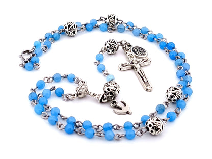 First Holy communion unique rosary beads gemstone wearable miniature rosary bead necklace with Holy Spirit and Brown Scapular medal.